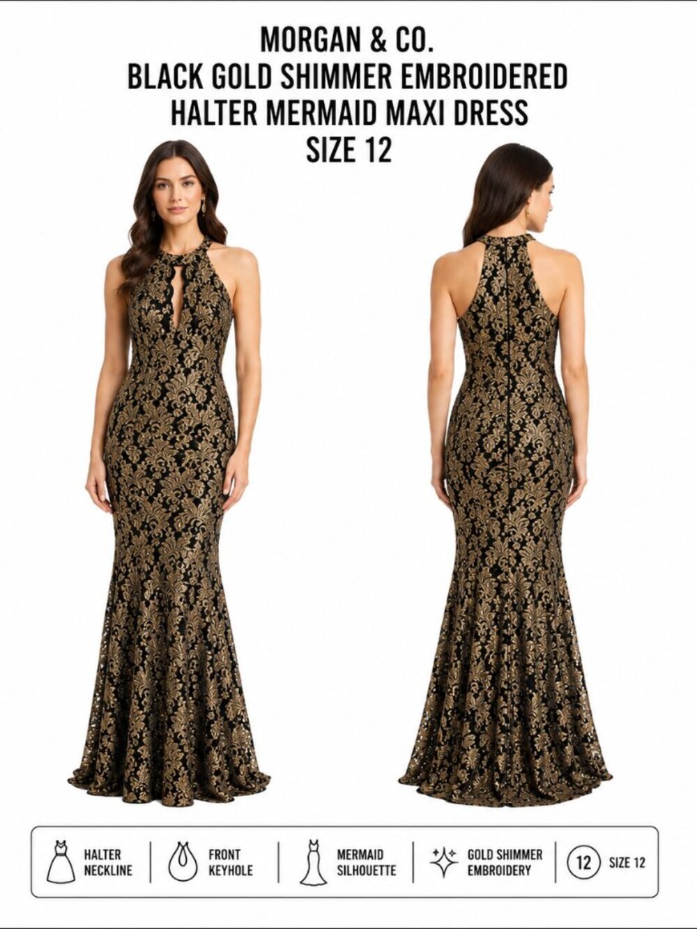 MORGAN & CO. BLACK GOLD SHIMMER EMBROIDERED HALTER MERMAID MAXI DRESS SIZE 12